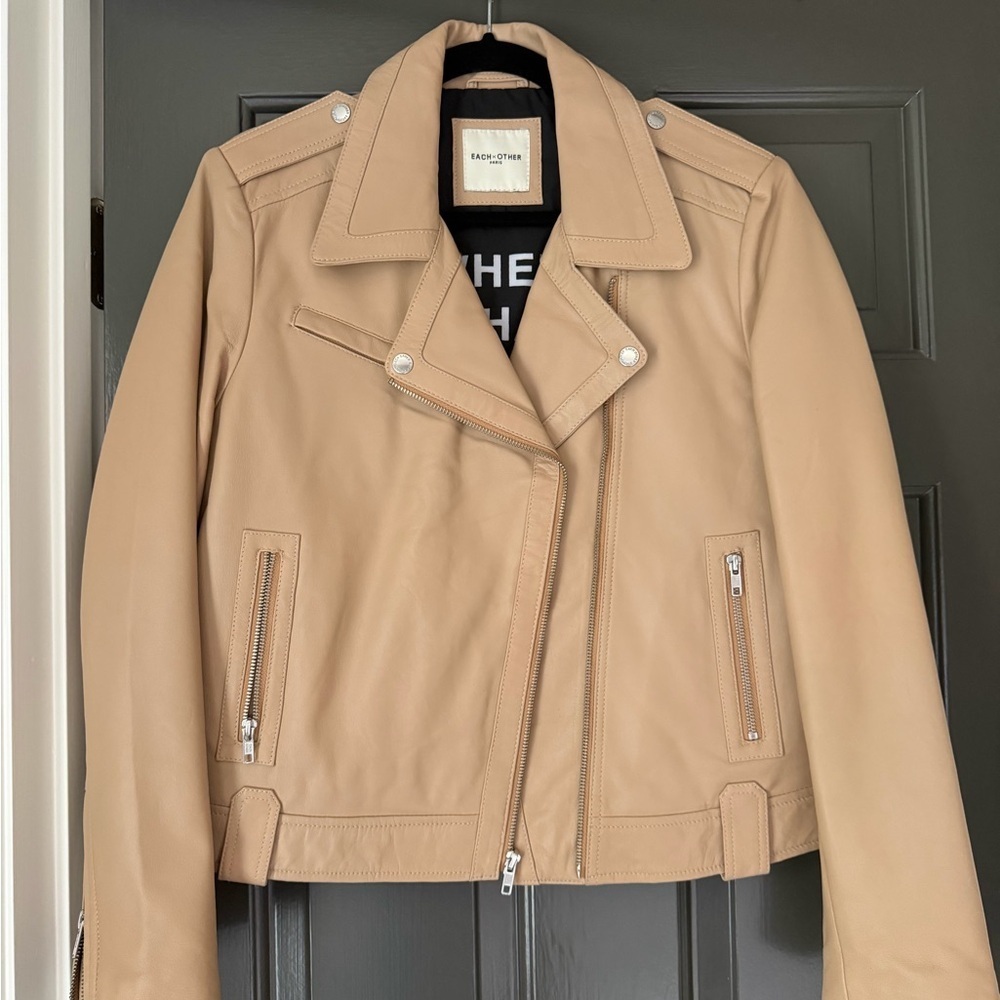 Beige Leather Biker Jacket